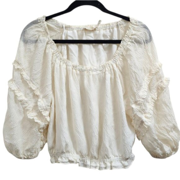 Ramy Brook Cream Ruffle Peasant Blouse M Puff Sleeve Boho Chic Crinkle Top Silk - Picture 2 of 9